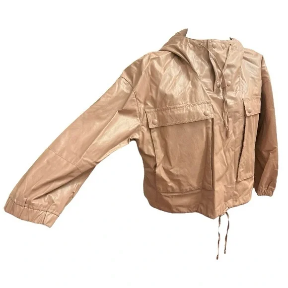 ZARA Limited Edition Faux Leather Jacket Outerwear Size M-L Caramel Tan Khaki - Picture 4 of 14